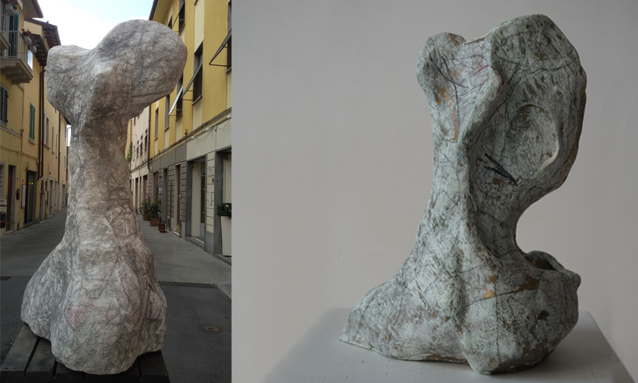 Ben Wijnen - Rinascita / Rebirth - Pietrasanta, Piazza Crispi - 2017 and Donna - Resin - Mixed techniques - H21x17x11cm.
